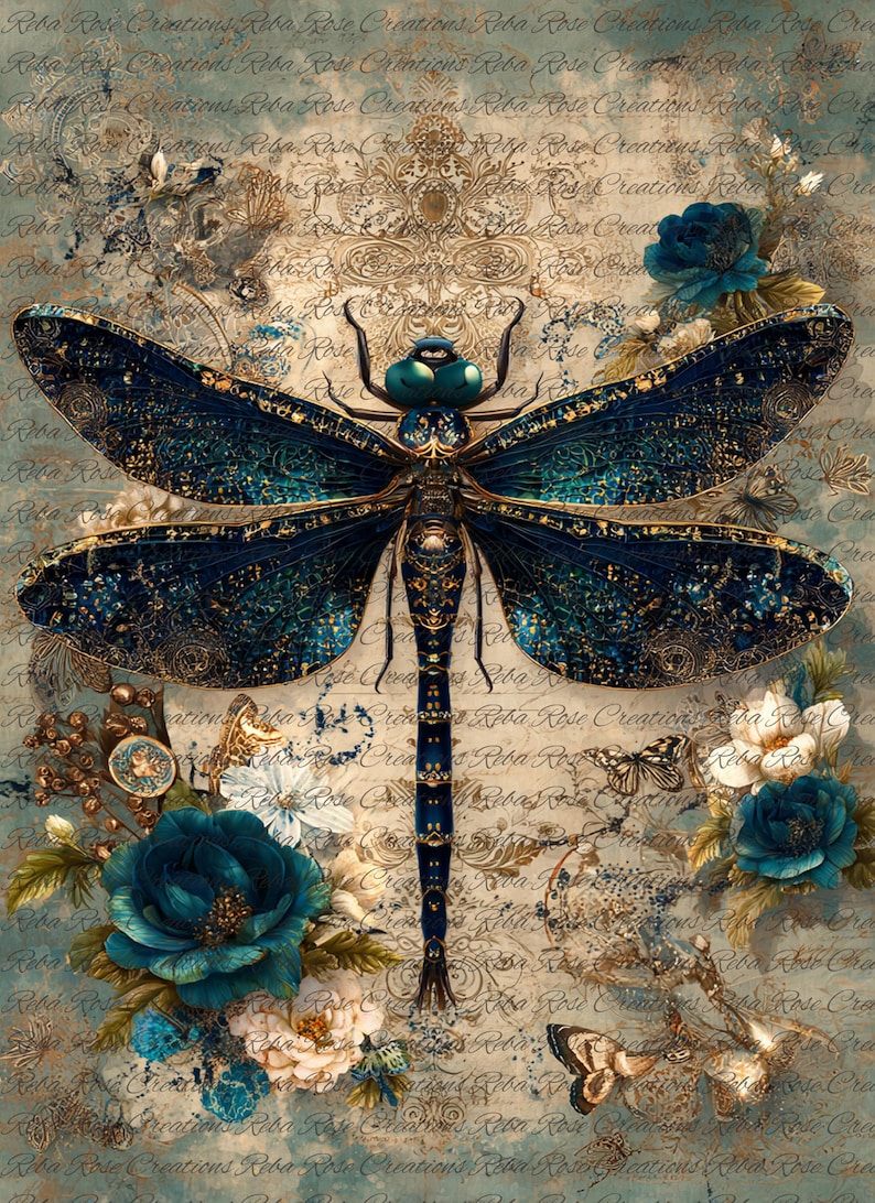 May include: A detailed illustration of a dragonfly with intricate blue and gold detailing. The dragonfly is surrounded by teal roses, white flowers, and butterflies on a vintage-style background. The image has a textured, aged appearance.
