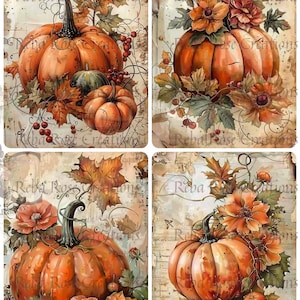 May include: Four rectangular images featuring watercolor pumpkins with autumn leaves and flowers. The pumpkins are orange with green stems, surrounded by fall foliage in shades of orange, brown, and green. The background has a vintage paper texture.