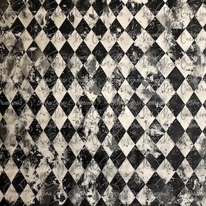 May include: Black and white harlequin pattern with a distressed, textured appearance. The design features a repeating diamond grid, with a grunge aesthetic. The background has a mottled, aged look, adding depth and visual interest to the design.