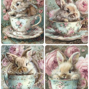 May include: Four images of adorable bunnies nestled in vintage teacups and saucers. The teacups are decorated with pink roses and gold trim. Soft pink roses and foliage surround the teacups, creating a whimsical, romantic scene.