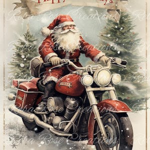 May include: Watercolor illustration of Santa Claus riding a red motorcycle through a snowy landscape. The image includes the text "Happy Holidays" on a banner. Christmas tree silhouettes are in the background.