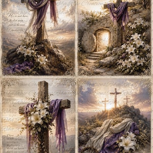 May include: A four-panel religious print featuring wooden crosses draped in purple and white fabric, adorned with white lilies and crowns of thorns. The scenes include an open stone tomb and sunrise landscapes with text passages from the Bible.
