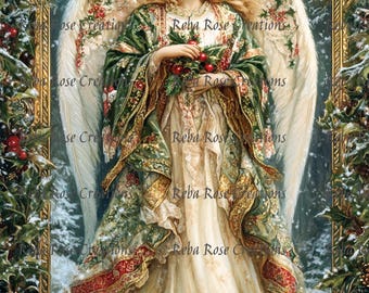 May include: A digital painting of a Christmas angel with blonde hair, wearing a green and gold gown, holding holly berries. The angel has large white wings and a halo. The image is framed with holly and berries, with a snowy background.