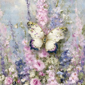 May include: A detailed painting of a butterfly with white wings, adorned with delicate floral patterns and blue accents. The butterfly rests amidst a vibrant garden of pink, purple, and blue flowers, creating a serene and colorful scene. The background has the text "Reba Rose Creations".