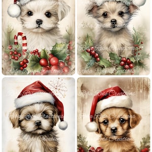 May include: Four digital art prints featuring adorable puppies wearing Santa hats. Each puppy is surrounded by Christmas decorations like holly, berries, and candy canes. The prints have a vintage, watercolor style.