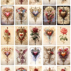 May include: A collection of vintage-style art prints featuring roses, hearts, and cherubs. The prints showcase detailed illustrations with a romantic theme, incorporating elements of gold, red, and pastel colors. The text "Reba Rose Creations" is visible on some prints.