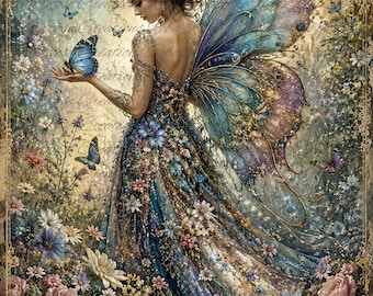 May include: A digital illustration of a fairy figure with large, iridescent blue and purple wings, wearing a gown adorned with numerous small flowers. The figure stands amidst a dense field of colorful roses and daisies, holding a blue butterfly.