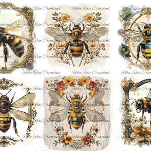 May include: Six digital collage sheets featuring vintage illustrations of bees and flowers. Each sheet has a different design with a bee in the center surrounded by flowers. The bees are depicted in a realistic style with intricate details. The flowers are in various colors, including yellow, red, and blue.