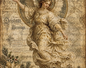 May include: A vintage-style print featuring an angel with large wings and a floral crown, wearing a flowing cream gown. The background includes script text, musical notes, a star, and the words Christmas Blessings, with poinsettias at the bottom.