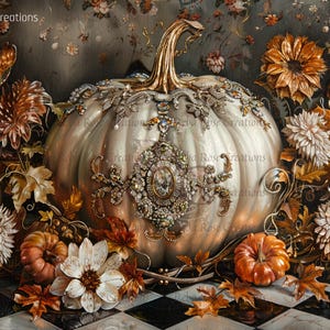 May include: A decorative, pearlescent white pumpkin with ornate jeweled embellishments and a gold stem. The image features autumn-themed elements, including pumpkins, flowers, and leaves, set against a dark, patterned background.