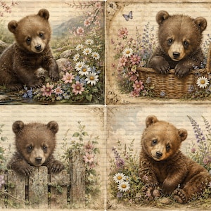 May include: A collage of four vintage-style images featuring adorable brown bear cubs. Each image showcases a different scene: near a stream, in a basket, behind a fence, and amidst flowers. The images have a soft, pastel color palette with floral accents.