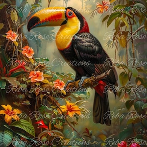 May include: A vibrant painting of a toucan perched on a branch, surrounded by lush tropical foliage and colorful flowers. The bird has a large, multi-colored beak and striking plumage. The artwork is signed "Reba Rose Creations".