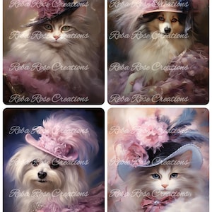May include: A collage of four portraits of pets, each adorned with elaborate hats and floral accents. The pets, including cats and dogs, are depicted in a vintage, artistic style, with soft colors and textures. The text "Reba Rose Creations" is repeated throughout.