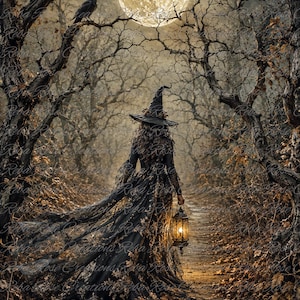 May include: A figure wearing a long black lace gown and a pointed hat walks through a dark, leafless forest at night. The figure carries a glowing lantern, while a full moon shines above and a black crow perches on a twisted tree branch nearby.