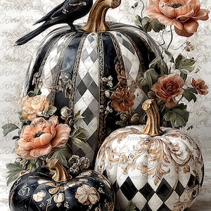 May include: An artistic arrangement of decorative pumpkins with floral accents and a black bird. The pumpkins feature intricate patterns in black, white, and gold. The arrangement includes peach-colored flowers and green foliage.