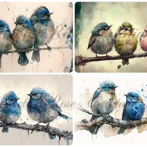 May include: Four watercolor paintings of birds perched on branches. The birds are depicted in various shades of blue, green, and brown. The artwork has a soft, painterly style with watercolor splatters and a neutral background.