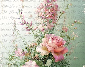 Könnte beinhalten: Ein Strauß rosa Rosen und anderer Blumen mit grünen Blättern auf hellblauem Hintergrund mit weißem Spitzenrand.