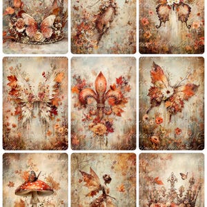 May include: A collection of nine vintage-style art prints featuring autumnal themes. The prints showcase butterflies, fairies, crowns, and floral arrangements in warm, earthy tones of orange, brown, and cream. Each print has a unique design with intricate details.