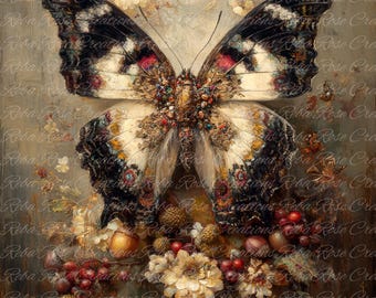 Könnte beinhalten: Detaillierte Malerei eines Schmetterlings mit komplizierten Mustern in Schwarz, Weiß und Braun. Der Schmetterling ist von Blumen, Beeren und Eicheln in warmen Tönen umgeben. Das Kunstwerk hat einen Vintage-Kunststil.