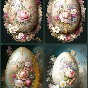 May include: Four decorative Easter egg designs. Each egg is oval-shaped and adorned with floral arrangements, including roses and other flowers in shades of pink, white, and purple. The eggs have gold filigree accents and are set against a dark green background.