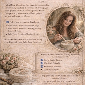 K&ouml;nnte beinhalten: Werbebild f&uuml;r Reba Rose Creations mit einer Frau und Decoupage-Zubeh&ouml;r. Der Text enth&auml;lt "Willkommen bei Reba Rose Creations" und Facebook-Informationen. Das Bild hat ein Vintage- und Blumendesign.