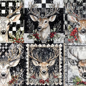 May include: A collage of six watercolor deer portraits with ornate antlers, adorned with jewels and winter foliage. The deer are set against a black and white checkered and snowflake patterned background, evoking a festive holiday theme.