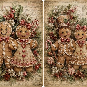 May include: Two rectangular prints featuring gingerbread figures decorated with red and white icing, bows, and buttons. The scenes include holly, berries, and candy canes against a vintage-style background with text reading Joyeux Noel.
