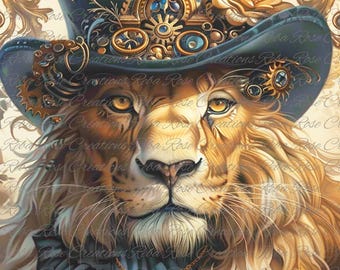May include: Digital art of a lion wearing a steampunk-style hat and jewelry. The lion has a detailed mane and is adorned with gears, jewels, and a blue top hat. The artwork has a vintage, ornate aesthetic.