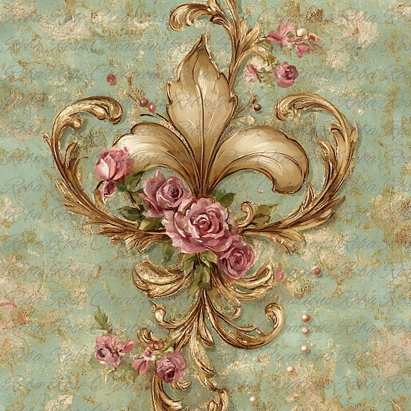 1795 Fluer De Lis Green A4 rice paper