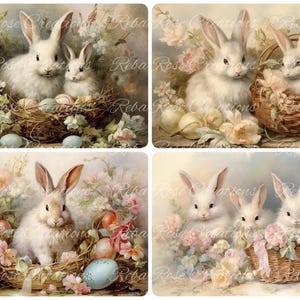 May include: Four vintage-style Easter-themed images featuring white rabbits, eggs, and floral arrangements. The images have a soft, pastel color palette with a watercolor effect. The text "Reba Rose Creations" is visible in the images.