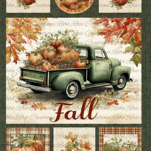 May include: A fall-themed artwork featuring a vintage green pickup truck filled with pumpkins. The word "Fall" is written in a burgundy script. The image includes pumpkins, leaves, and decorative panels.