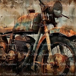 May include: An antique motorcycle with a rusted, weathered appearance. The motorcycle features a round headlight, a fuel tank, and spoked wheels. The color palette includes shades of brown, orange, and blue, suggesting age and exposure to the elements.