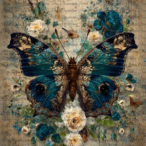 K&ouml;nnte beinhalten: Digitaldruck mit einem Schmetterling mit t&uuml;rkis-goldenen Fl&uuml;geln, umgeben von wei&szlig;en und t&uuml;rkisfarbenen Blumen. Der Hintergrund hat eine Vintage-Papierstruktur mit Schrift und kleinen Schmetterlingen.