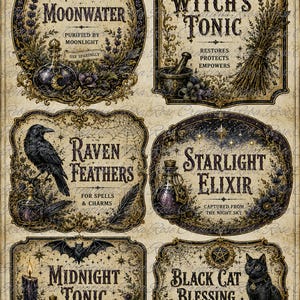 May include: A collection of six rectangular and oval decorative labels featuring vintage-style illustrations of a skull, raven, bat, and black cat. Each label includes ornate gold borders, botanical accents, and text such as Moonwater, Witch's Tonic, Raven Feathers, Starlight Elixir, Midnight Tonic, and Black Cat Blessing.