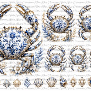 May include: A digital illustration sheet featuring multiple crabs, seashells, and coral elements decorated with a blue and white floral pattern. The crabs are depicted in various sizes, accented with gold details, white flowers, and pearls.