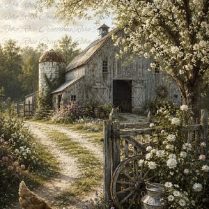 May include: A rustic barn scene with a dirt path leading to a weathered wooden barn. A chicken pecks at the ground. White flowers and a wooden fence frame the scene, with a vintage milk can and wagon wheel adding to the rural charm.