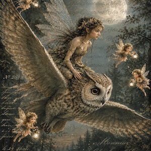 May include: A fantasy illustration depicts a fairy riding a large owl through a moonlit forest. Several smaller fairies with lanterns fly nearby. The artwork features soft colors and a dreamlike quality, with text overlayed on the background.