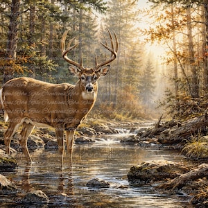 May include: A brown deer with large antlers stands in a shallow, rocky stream within a sunlit forest. The scene features tall pine trees, golden light filtering through the branches, and water flowing over stones, with the text Reba Rose Creations.