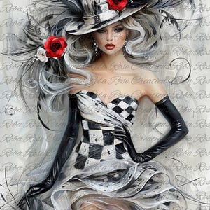 May include: A woman wearing a black and white checkered dress with a large black and white top hat. She is wearing black gloves and has red roses in her hair. The background is a light gray with a watercolor effect.