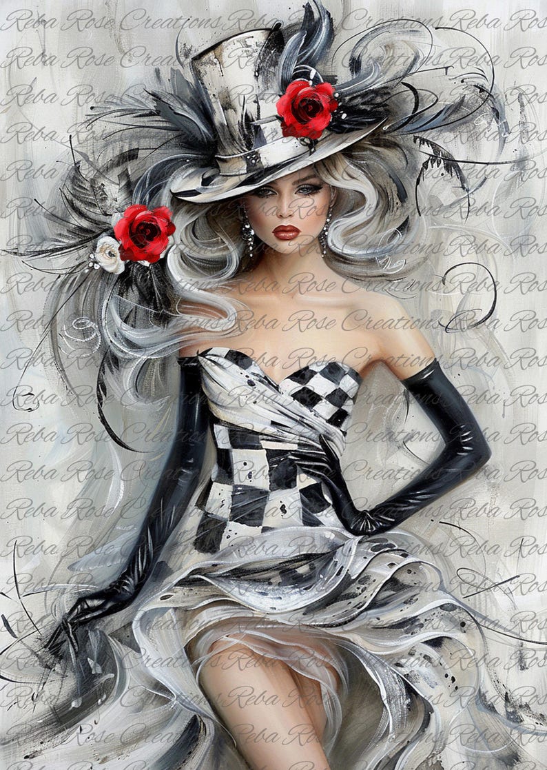 May include: A woman wearing a black and white checkered dress with a large black and white top hat. She is wearing black gloves and has red roses in her hair. The background is a light gray with a watercolor effect.
