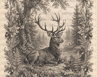 May include: A detailed black and white engraving featuring a stag resting in a forest clearing, surrounded by an ornate border of oak leaves, acorns, ferns, and small birds. The text Reba Rose Creations is repeated across the image background.