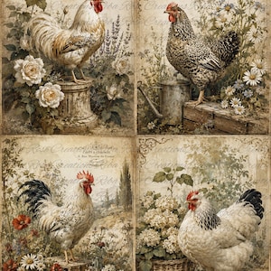 May include: A vintage-style collage featuring four panels with rooster and hen illustrations. Each panel includes floral elements, such as roses and daisies, and decorative text. The overall color palette is muted with sepia tones.