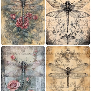 May include: Four vintage-style prints featuring dragonflies and roses. Each print showcases a detailed dragonfly illustration with delicate wings, set against a backdrop of roses and floral elements. The color palette includes muted tones of beige, pink, and green.