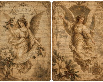 May include: Two vintage-style angel illustrations with a sepia tone. One features the word "Loria" and the phrase "Peace on Earth, Goodwill Toward Men." The other says "Christmas Blessings."