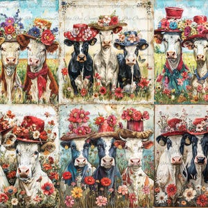 May include: A collage of six panels featuring whimsical cow illustrations. Each cow wears a hat adorned with flowers and colorful attire. The artwork has a vintage, storybook aesthetic, with a focus on vibrant colors and floral details.