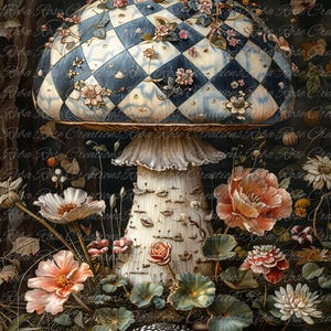 May include: A large mushroom with a blue and white checkered cap adorned with small flowers, sitting above a smaller black and white spotted mushroom. The scene is surrounded by various blooming flowers and foliage, with the text Reba Rose Creations.