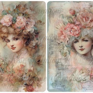 May include: Two vintage-style portraits of women with floral headpieces. The first features a woman with brown hair and pink flowers, while the second shows a woman with a white headpiece and pink roses. Both have a soft, watercolor aesthetic.