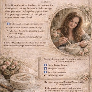 May include: Promotional image for Reba Rose Creations, featuring a woman and decoupage supplies. Text includes "Welcome to Reba Rose Creations" and Facebook information. The image has a vintage, floral design.