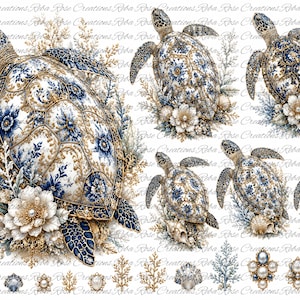 May include: A digital illustration set featuring sea turtles with intricate blue and white porcelain-style patterns on their shells, accented with gold filigree, white floral clusters, pearls, and coral elements, all set against a white background.