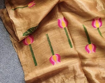Handloom silk linen golden brown lotus love jamdani saree